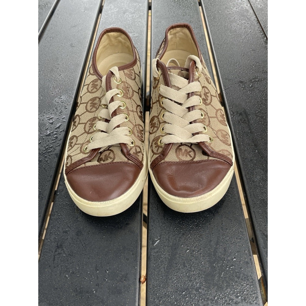 Michael Kors Womens MK Monogram Logo Low Top Sneakers Brown Tan Leather Trim - Picture 5 of 9